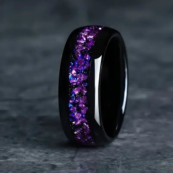 Tungsten Steel Carbide in Black with Center Purple Amethyst Nebula Inlay stateme - Picture 4 of 4